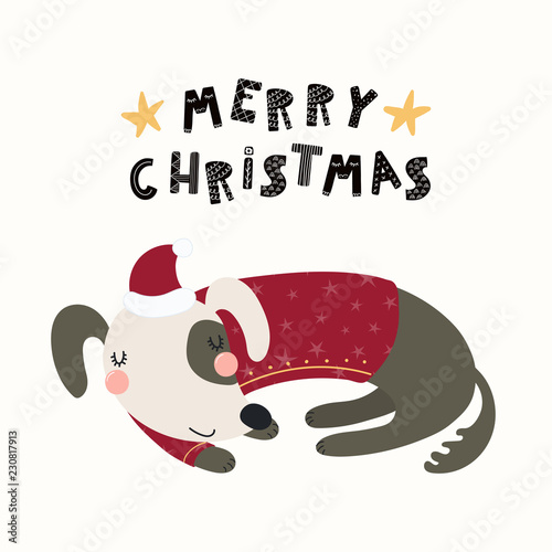 Hand drawn vector illustration of a cute funny sleeping dog in a Santa Claus hat, with text Merry Christmas. Isolated objects on white background. Scandinavian style flat design. Concept card, invite.