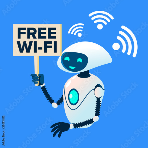 Free Wi-Fi Zone, Robot Distributing Wi-Fi Vector. Isolated Illustration