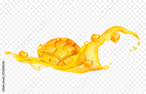 Transparent splashes of mango juice with mango fruit. Realistic vector illustration.