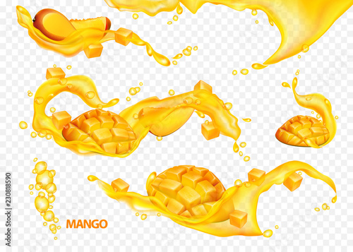 Set of transparent splashes of mango juice with mango fruit. Realistic vector illustration.
