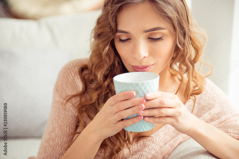 Close up photo of romantic calm sweet pretty cute lady in sweate Close up photo of romantic calm sweet pretty cute lady in sweate