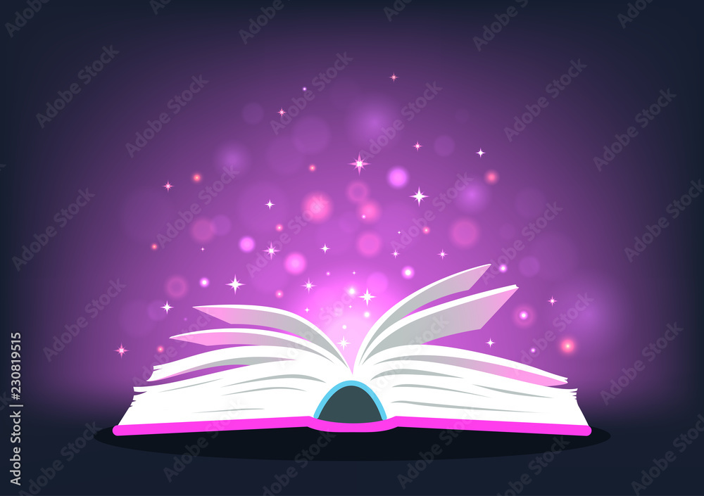 Naklejka premium Magic book. Open book with magic lights. Vector illustration.