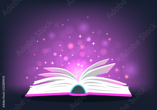 Magic book. Open book with magic lights. Vector illustration.