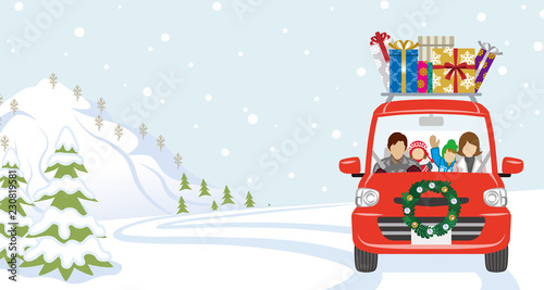 Family riding the red Car which loaded a lot of Christmas gifts in the winter nature - Anonymity