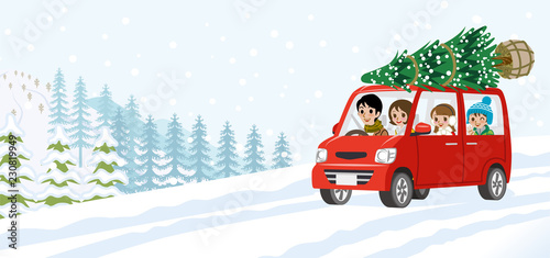 Cartoon young family riding the car which loaded the Christmas tree - Winter nature background