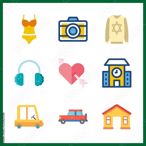 9 fun icon. Vector illustration fun set. earmuffs and photo camera icons for fun works