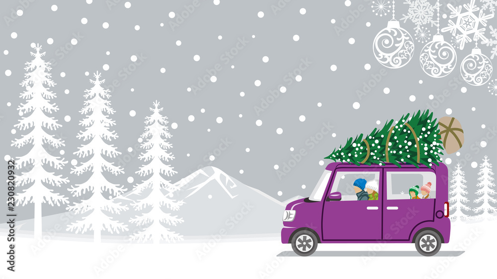 Young family riding the car which loaded the Christmas tree - Winter nature and ornament background