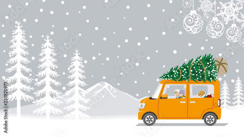 Senior couple riding the car which loaded the Christmas tree - Winter nature and ornament background