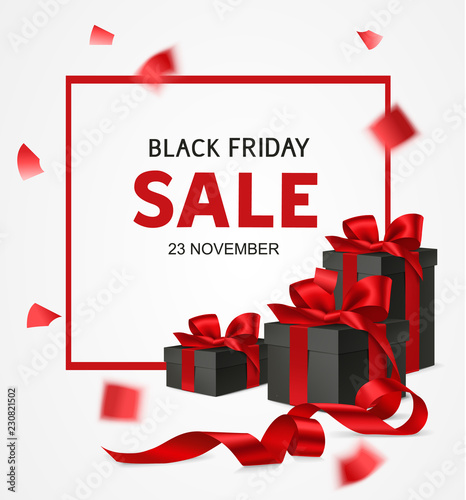 Black friday sale design template. Vector banner with black gift boxes and red bow. Holiday decoration