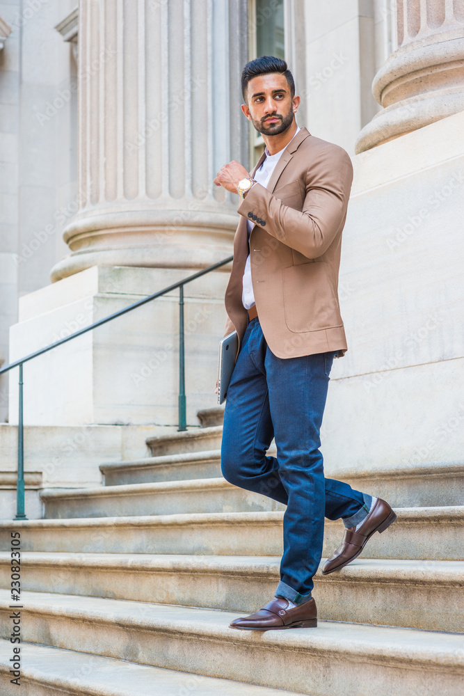 Brown shirt store blue pants