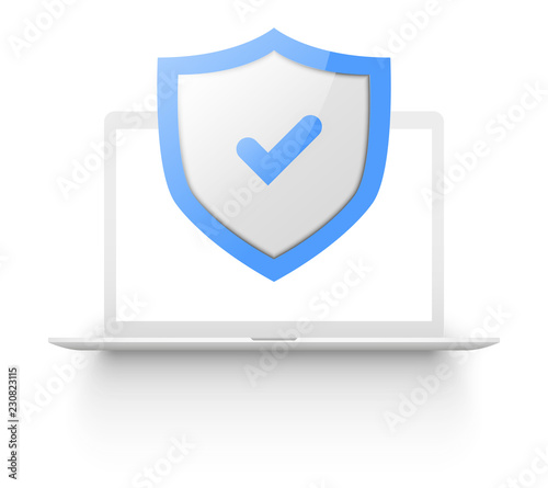 Computer security, protect your laptop concepts. Notebook and shield icon. realistic design graphic elements for web banners, web sites, printed materials, etc. Modern vector illustration