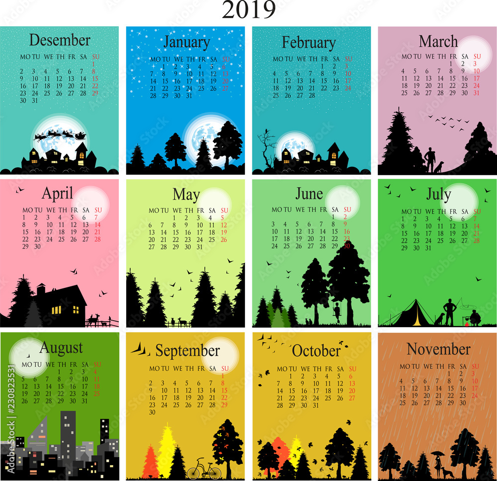 calendar 2019. silhouette illustration seasons