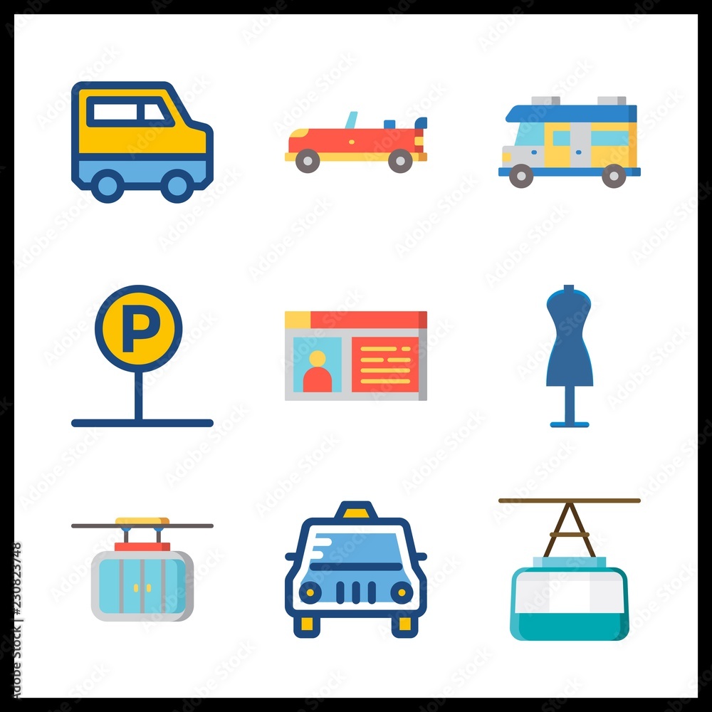 9 car icon. Vector illustration car set. van and cable car icons for car works