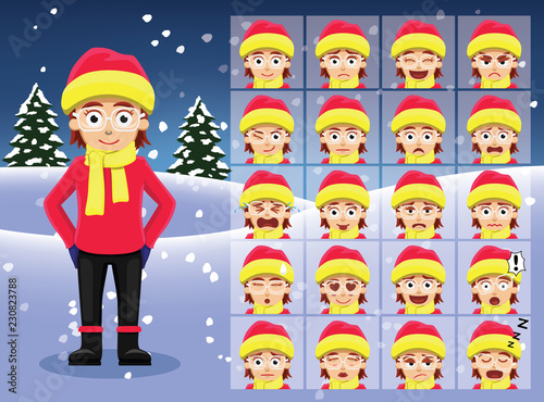 Winter Girl Cartoon Emotion faces Vector Illustration