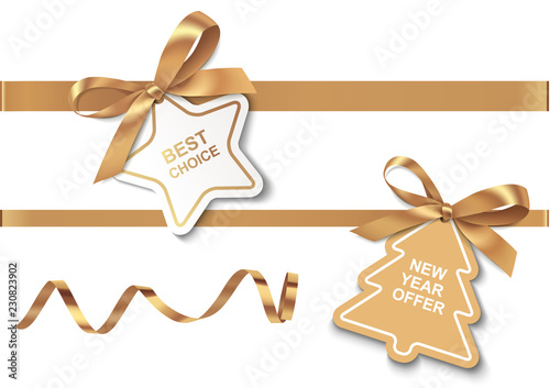 Set of New Year or Christmas Sale tags with golden ribbon and bow on white background. Vector illustration. Holiday decoration