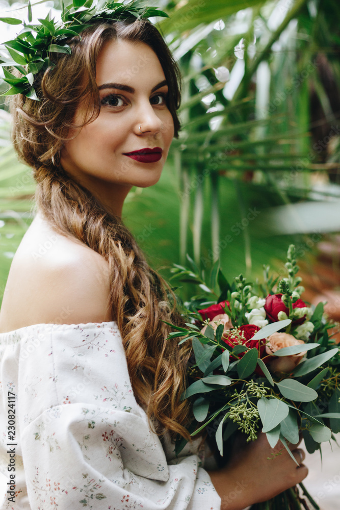 Beautiful bride in botanical garden Beautiful bride in botanical garden