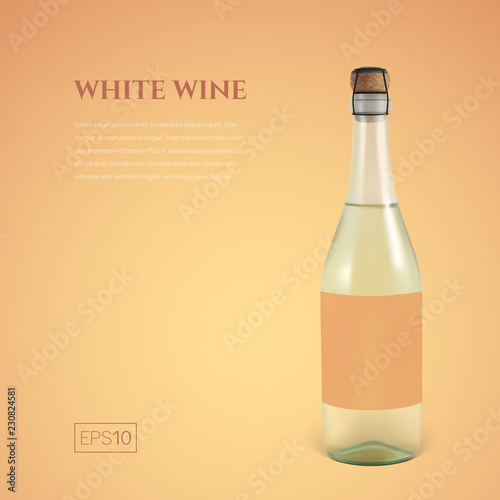 Photorealistic bottle of white sparkling wine on a yellow background. Mockup transparent bottle of wine. Template for presentation in a minimalist style.