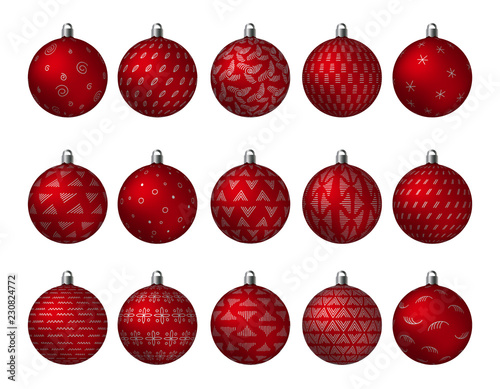 Christmas Holiday red ornated Balls with golden metallic patterns isolated on white background. Vector