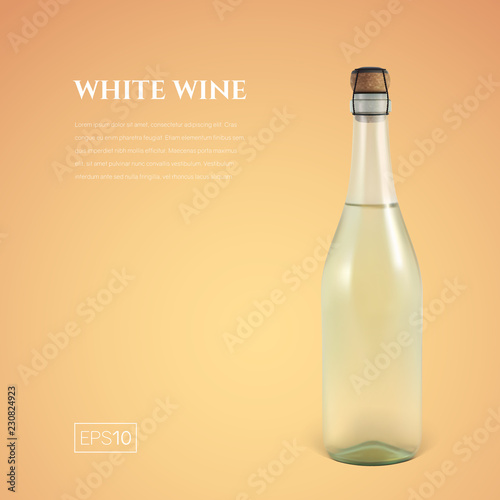 Photorealistic bottle of white sparkling wine on a yellow background. Mock up transparent bottle of wine. Template for presentation in a minimalist style.