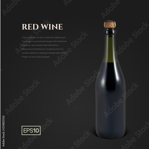 Photorealistic bottle of red sparkling wine on a black background. Mockup transparent bottle of wine. Template for presentation in a minimalist style.