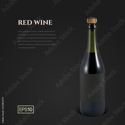 Photorealistic bottle of red sparkling wine on a black background. Mockup transparent bottle of wine. Template for presentation in a minimalist style.