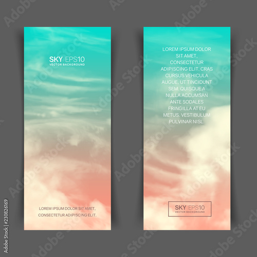 Narrow vertical vector banners with realistic pink-blue sky and cumulus clouds. The image can be used to design a flyer and postcard.
