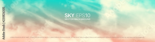 Narrow horizontal vector banner with realistic pink-blue sky and cumulus clouds. The image can be used to design a flyer and postcard.