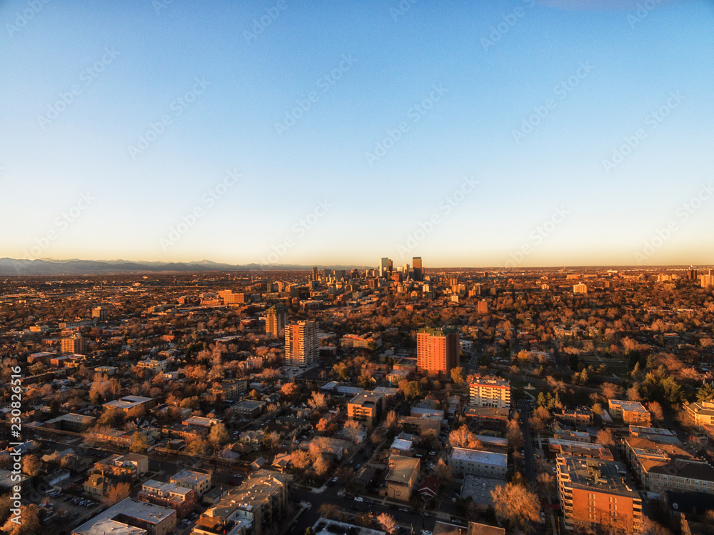 Drone/Aerial photograph of Denver Colorado at sunset