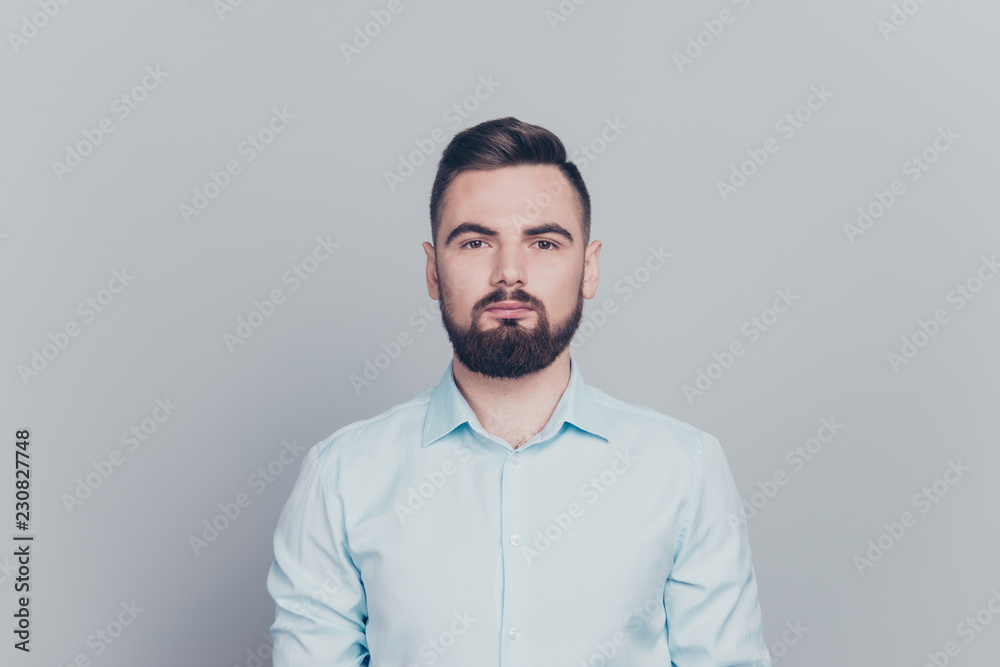 Close up studio photo portrait of attractive virile focused thou Close up studio photo portrait of attractive virile focused thou