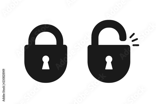Black isolated icon of locked and unlocked lock on white background. Set of Silhouette of locked and unlocked padlock. Flat design. photo