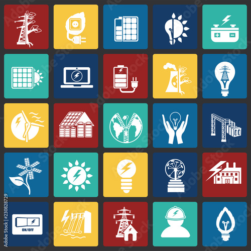 Alternative energy set on color squares flat background icons