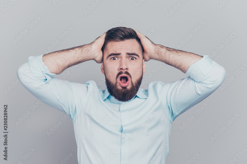Omg! No way! Close up photo portrait of scared terrified handsom Omg! No way! Close up photo portrait of scared terrified handsom