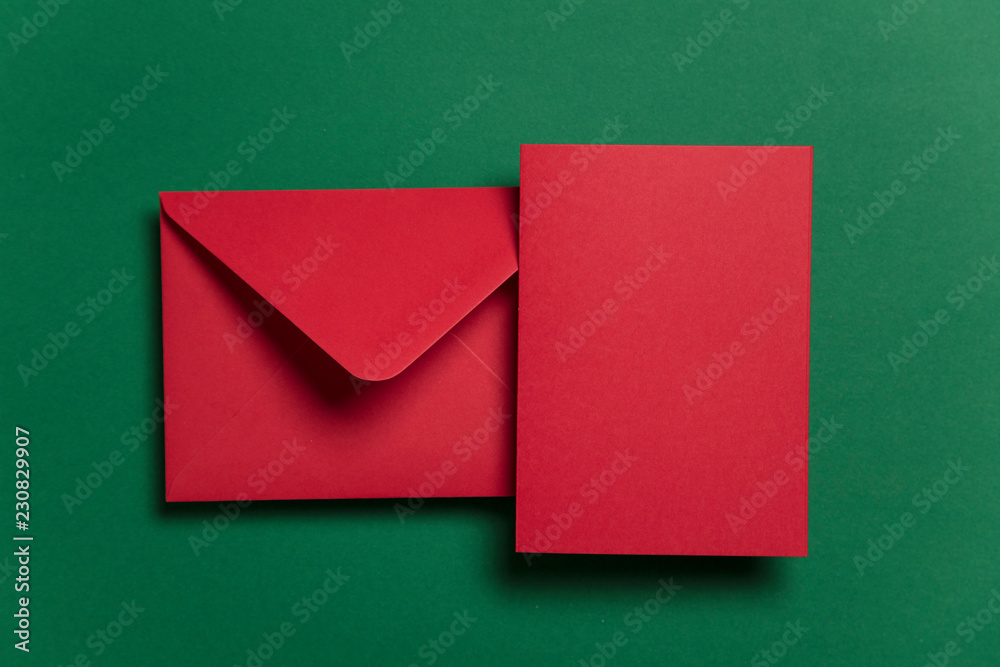 Blank red card with red paper envelope Christmas card template mock up. Blank red card with red paper envelope Christmas card template mock up.