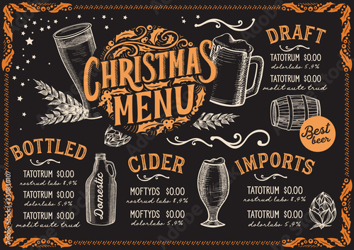 Christmas menu template for beer restaurant on a blackboard.
