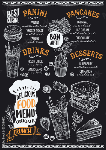 Brunch food menu template for restaurant with chefs hat lettering.
