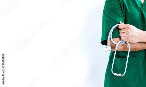 midsection of doctor against white background with copyspace