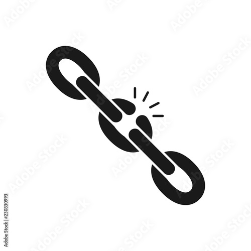 Black isolated icon of broken chain on white background. Silhouette of chain. Weak link. Flat design.