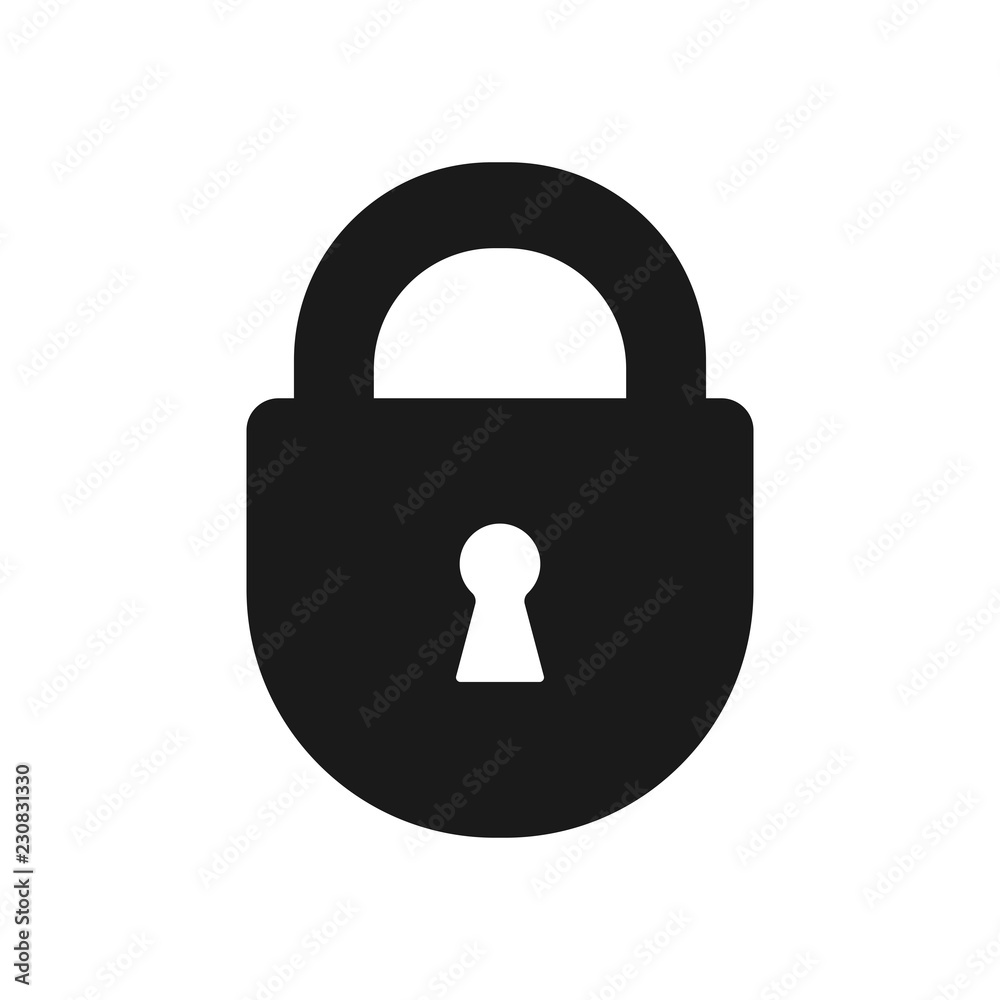 Black isolated icon of closed lock on white background. Silhouette of closed padlock. Flat design. Black isolated icon of closed lock on white background. Silhouette of closed padlock. Flat design.