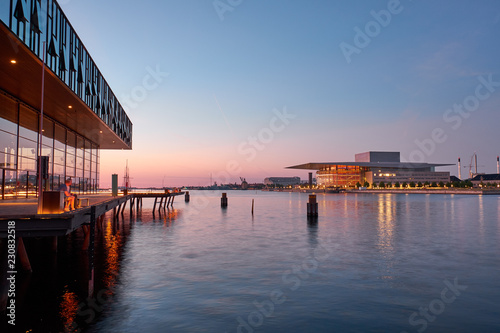 The Royal Danish Playhouse  and The Copenhagen Opera House  in Copenhagen at night photo