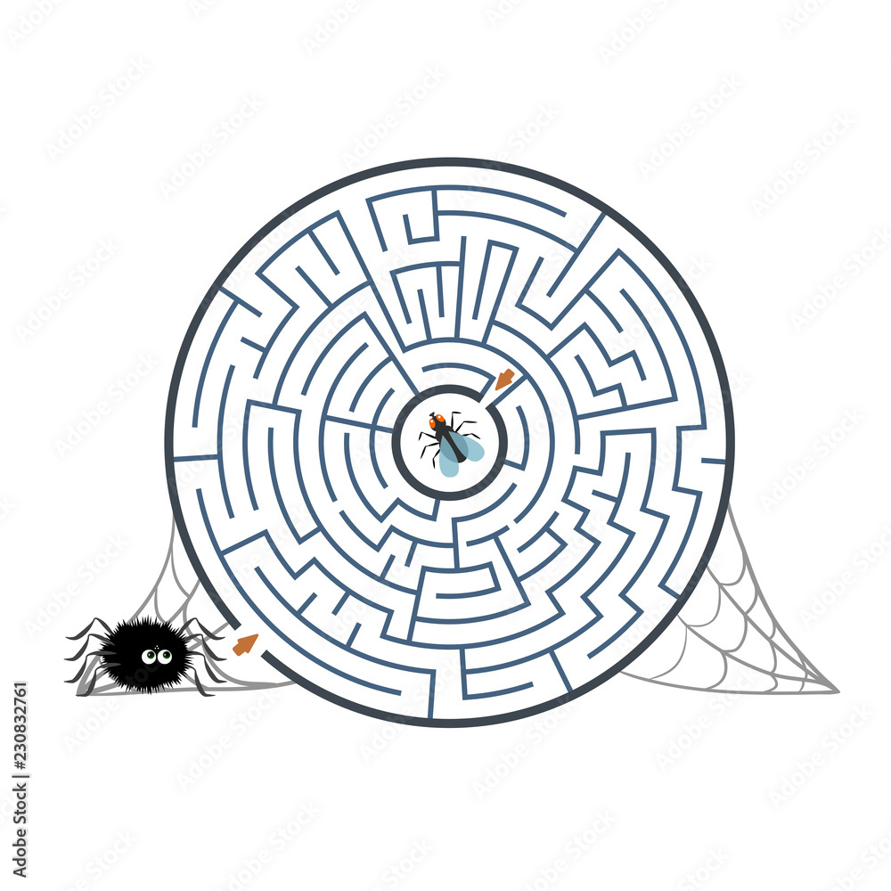 Round black labyrinth with spider, fly and web on white background. Children s maze. Game for kids. Children s puzzle for halloween. Help the spider find the way to the fly. Round black labyrinth with spider, fly and web on white background. Children s maze. Game for kids. Children s puzzle for halloween. Help the spider find the way to the fly.