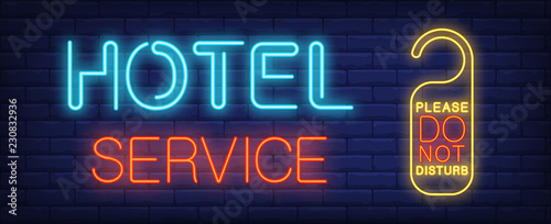 Hotel service neon sign. Glowing inscription with do not disturb sign for door in hotel. Can be used for advertisement, hotels, hotel services