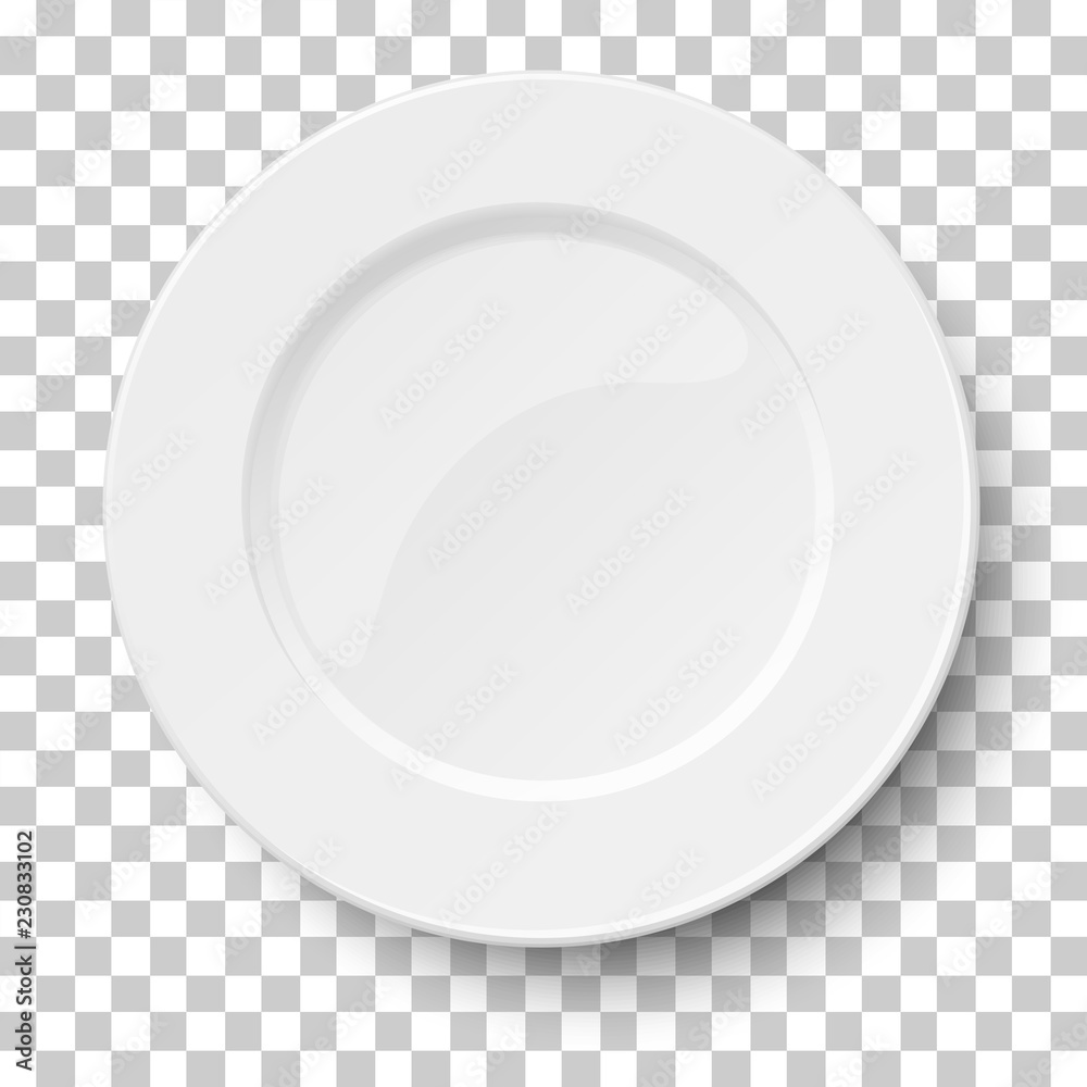 Empty classic white plate isolated on transparent background. View from above. Vector illustration. - obrazy, fototapety, plakaty 
