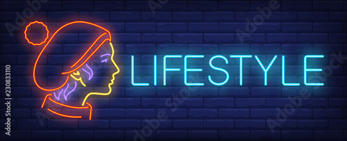 Lifestyle neon sign. Glowing inscription with girl silhouette in red bonnet on dark blue brick background. Can be used outdoor banners, advertisements, magazines