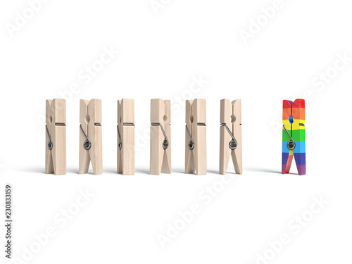 Clothespins with colors of rainbow. Concept of the fight for gay rights. 3d illustration