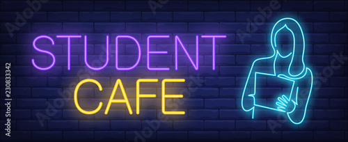 Student cafe neon sign. Glowing inscription with girl silhouette with book. Can be used for advertisement, internet cafes, universities