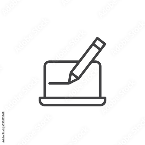 Laptop and pencil outline icon. linear style sign for mobile concept and web design. Copywriting simple line vector icon. Symbol, logo illustration. Pixel perfect vector graphics