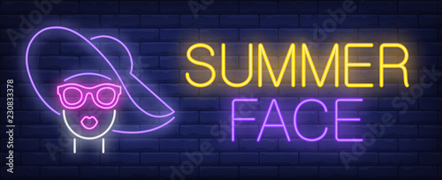 Summer face neon sign. Glowing inscription with girl face in glasses and hat. Can be used for advertisement, beauty salon, makeup bars