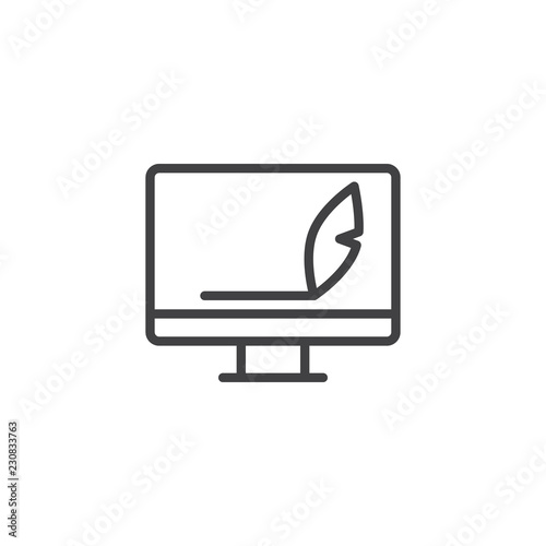 Computer monitor and feather pen outline icon. linear style sign for mobile concept and web design. Blog, Copywriting simple line vector icon. Symbol, logo illustration. Pixel perfect vector graphics
