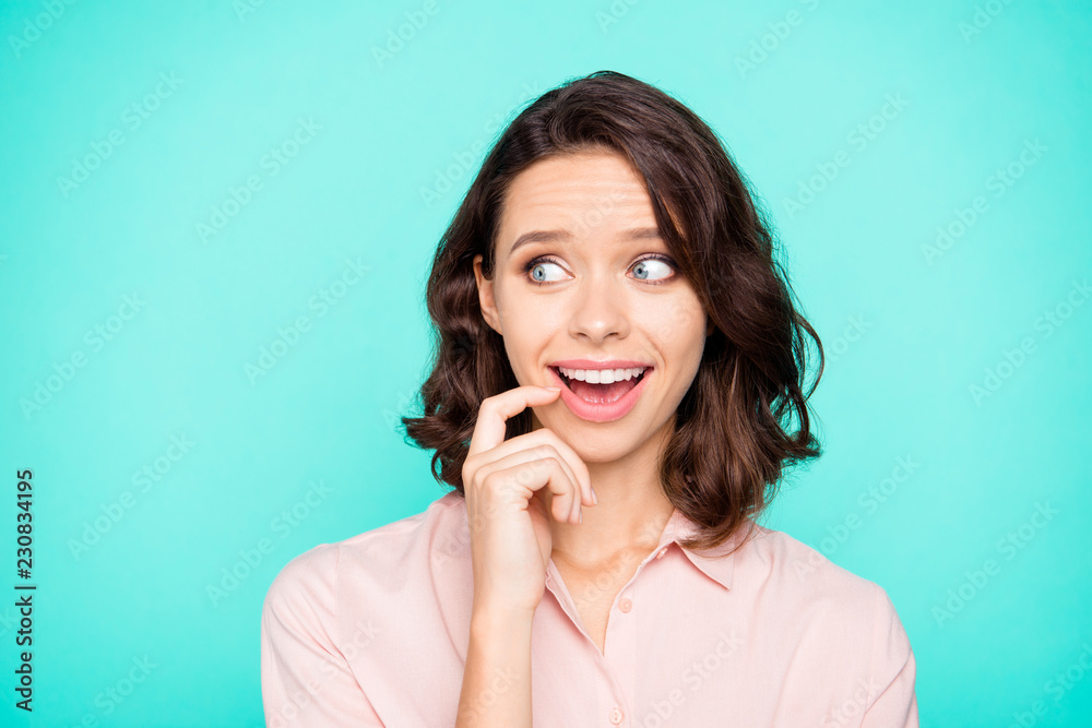 Close-up portrait of nice cute cheerful cheery sweet lovely attr Close-up portrait of nice cute cheerful cheery sweet lovely attr