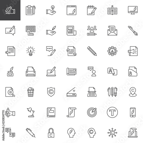 Copywriting outline icons set. linear style symbols collection, line signs pack. vector graphics. Set includes icons as Writing feather ink pen, Blog content, Newspaper, Magazine, Computer Keyboard